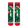 Festive holiday Christmas crew socks featuring a green dinosaur wearing a Santa hat - One Size (37-46) / T-Rex Giving Gift (KJ-052)