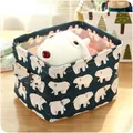 Navy blue cotton linen desktop storage basket featuring polar bear prints and handles - Dark Blue Bear