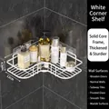 White metal corner shelf for bathroom, wall-mounted triangular storage organizer rack. - White Triangle - Without Patch (Triangle Rack) / L