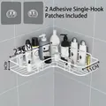 White iron mesh corner bathroom storage shelf with two adhesive wall hooks, 23cm size - White Triangle + 2 Single Hook Patches (Triangle Rack) / S