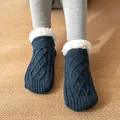 Cozy navy blue cable knit slipper socks with thick white fleece lining for winter. - One Size / Navy Blue (Women)