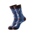 Stylish blue crew socks with a brown reindeer pattern and contrast heel for winter - One Size / Deer Pattern (222)