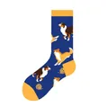 Dark blue and yellow animal jacquard mid-calf socks with Border Collie dog pattern - One Size (37-46) / Dog Style (KJ-014)
