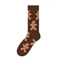 Festive brown crew socks featuring cute gingerbread man pattern with Santa hats - One Size (37-46) / Gingerbread Man Style (KJ-006)