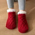 Cozy red fleece-lined winter slipper socks with non-slip knit cable pattern design - One Size / Wine Red (Women)