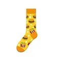 Bright yellow crew socks with fun cartoon hamburger and french fries pattern - One Size (37-46) / Burger and Fries Style (KJ-039)