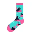 Teal crew socks with fun black cat on pink flamingo float jacquard animal design - One Size (37-46) / Cat Style (KJ-015)