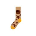 Brown trendy crew socks featuring chocolate and lava cake patterns with yellow contrast heel - One Size (37-46) / Chocolate Style (KJ-033) / Light Brown