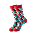 Chaussettes mi-mollet en coton avec un motif géométrique triangulaire en rouge et bleu sarcelle - Taille unique / Motif triangle géométrique rouge et cyan (244)