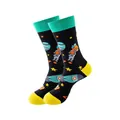 Chaussettes mi-hautes en coton noir avec un motif coloré d'astronaute et de thème spatial - Taille unique / Motif Astronaute & Fusée (250)