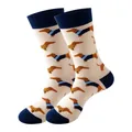 Chaussettes mi-hautes en coton avec motif de teckel mignon en blanc crème et bleu marine - Taille unique / Motif Teckel / Blanc Cassé (272)