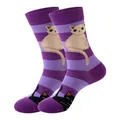 Chaussettes rayées violettes avec motifs mignons de chats blancs et noirs rigolos - Taille unique / Motif de Chat / Violet (264)