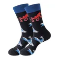 Chaussettes mi-mollet en coton noir fantaisie avec poulpe rouge et motifs de vagues - Taille unique / Motif Poulpe et Vagues (257)