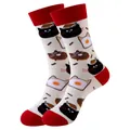 Chaussettes mi-hautes avec motifs chat, burger et œuf sur le plat en crème et rouge - Taille unique / Motif Chat et Petit Déjeuner en Dessin Animé (346) / Blanc Cassé
