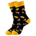 Chaussettes noires mi-mollet avec motif de pâtes jaunes, coton confortable pour hommes et femmes - Taille unique / Motif de Dessin Animé de Pâtes Italiennes (337) / Noir