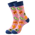 Chaussettes roses en coton mi-mollet avec motifs d'avocats, de toasts et de croissants mignons - Taille unique / Imprimé Avocat et Pain (349) / Rose vif