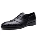 Elegant black men's business dress shoes with crocodile texture and classic lace-up design - Black