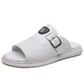 Stylish men's white casual slides with adjustable buckle strap and non-slip soft sole - 38 / White