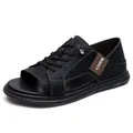 Sandalias de cuero negro antideslizantes para hombre, zapatos de playa con cordones - 38 / Negro