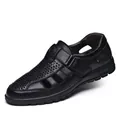 Premium black genuine leather hollow-out breathable sandals for men with non-slip sole - 38 / Black