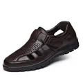 Men's breathable dark brown leather hollowed-out sandals with anti-slip rubber sole - 38 / Brown
