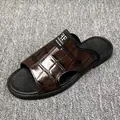 Men's casual slide sandals with brown crocodile pattern leather and non-slip sole - 39 / Brown