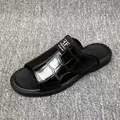 Men's black crocodile embossed leather slippers for stylish casual summer beach wear - 38 / Black