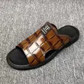 Men's stylish brown crocodile embossed leather slides with non-slip casual design - 38 / Yellow