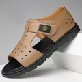 Breathable brown faux leather Roman sandals for men with open-toe casual design. - 38 / Brown (6602)