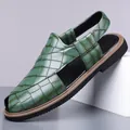 Men's green textured leather sandals with soft non-slip sole for outdoor beach driving - 38 / Green Checkered