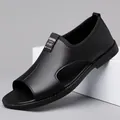 Fashionable black leather men's hollow breathable open toe sandals for beach casual wear - 38 / Black (801)