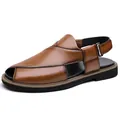 Elegantes sandalias de cuero marrón para hombre con diseño transpirable y correa trasera ajustable - 38 / Patrón plano naranja