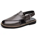 Sandalias modernas para hombre en cuero marrón brillante con correa ajustable al talón - 38 / Gris Grano Liso