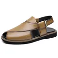 Sandalias de cuero marrón para hombre con recortes y correa trasera ajustable para verano - 38 / Albaricoque Bronceado Liso