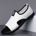 Fashionable white leather men's hollow-out sandals featuring peep-toe beach style design - 38 / Roman Hollow Out Style (802) / White