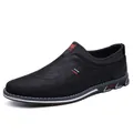 Mens classic black leather business casual loafers with non-slip sole and red logo detail - 38 / Slip-On / Black