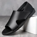 Modern black men's leather sandals with hollow breathable design for casual beach wear - 38 / Black (333)