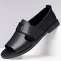 Professional men's black leather sandals with trendy peep-toe and cutout design - 38 / Fashion Loafer Sandals Style (25666) / Black