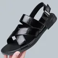 Men's black shiny cross-strap sandals with adjustable heel buckle for summer beach wear - 38 / Black