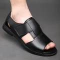 Breathable black leather men's sandals with stylish hollow-out design for summer - 38 / Black (WR9086)
