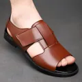 Men's premium brown leather Roman sandals with breathable cutout design and peep toe style - 38 / Brown (WR9086)
