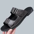 Classic men's dark brown leather flat sandals with adjustable buckles and black sole - 38 / Gray