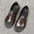 Premium men's casual sandals with brown crocodile pattern leather and open-toe design - 38 / Brown