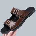 Men's retro brown faux leather slide sandals with adjustable double straps - 38 / Brown