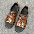Men's breathable casual brown leather sandals with crocodile pattern and slip-on design - 38 / Yellow