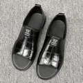 Men's black crocodile texture leather sandals with open toe slip-on design - 38 / Black