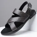 Dark brown men's Roman leather sandals with adjustable buckle strap and open toe - 38 / Grey (8923)