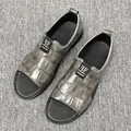 Men's casual grey crocodile pattern leather sandals for beach and summer leisure - 38 / Gray