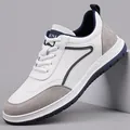 Stylish white and grey men's casual sneakers with navy blue lining detail - 38 / White Leather Shoes (21351)