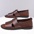 Men's brown leather Roman sandals with open toe and non-slip sole for summer - 38 / Brown